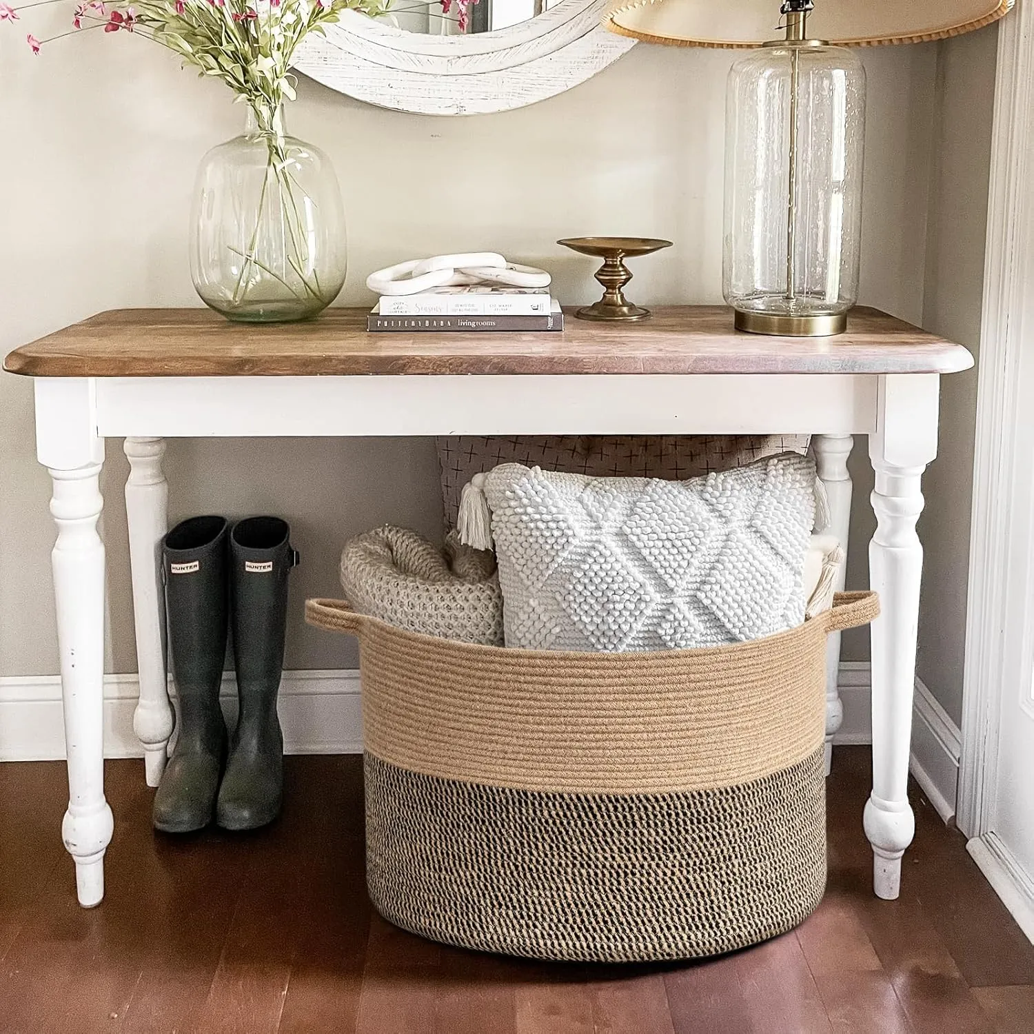 Goodpick Extra Large Wicker Storage Basket, 83L Woven Blanket Storage for Living Room, Round Woven Basket for Clothes, Large Jute Basket, Big Laundry Basket for Pillow, 21.7 x 13.8 inches