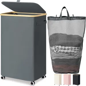 Goodpick Laundry Basket with Wheels, Large Rolling Laundry Hamper Slim Clothes Hampers with Removable Wash Bag Collapsible Dirty Clothes Basket with Lid, 100L, Gray