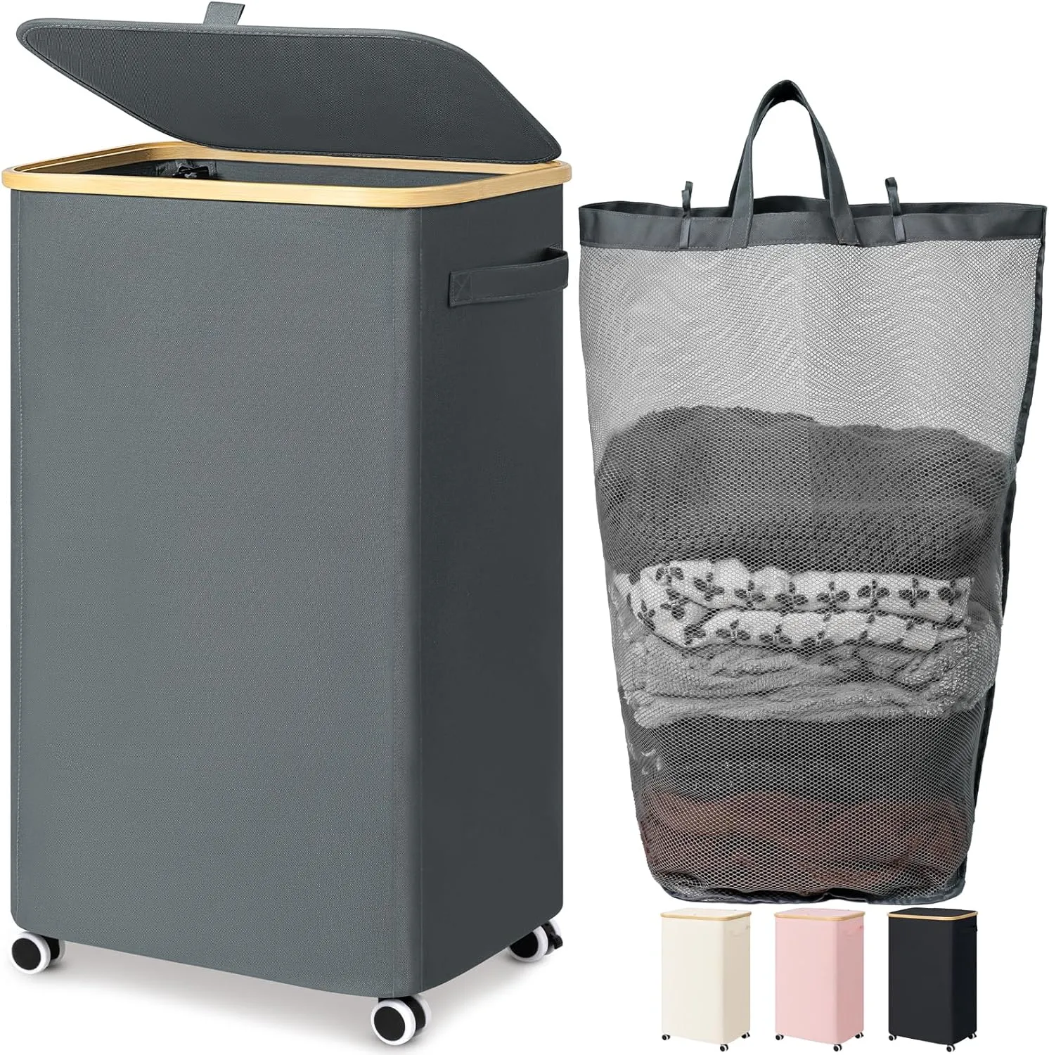Goodpick Laundry Basket with Wheels, Large Rolling Laundry Hamper Slim Clothes Hampers with Removable Wash Bag Collapsible Dirty Clothes Basket with Lid, 100L, Gray