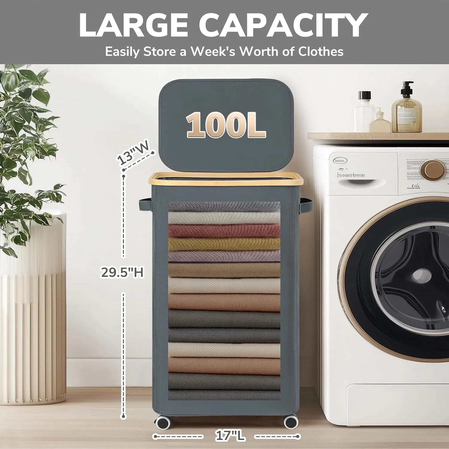 Goodpick Laundry Basket with Wheels, Large Rolling Laundry Hamper Slim Clothes Hampers with Removable Wash Bag Collapsible Dirty Clothes Basket with Lid, 100L, Gray