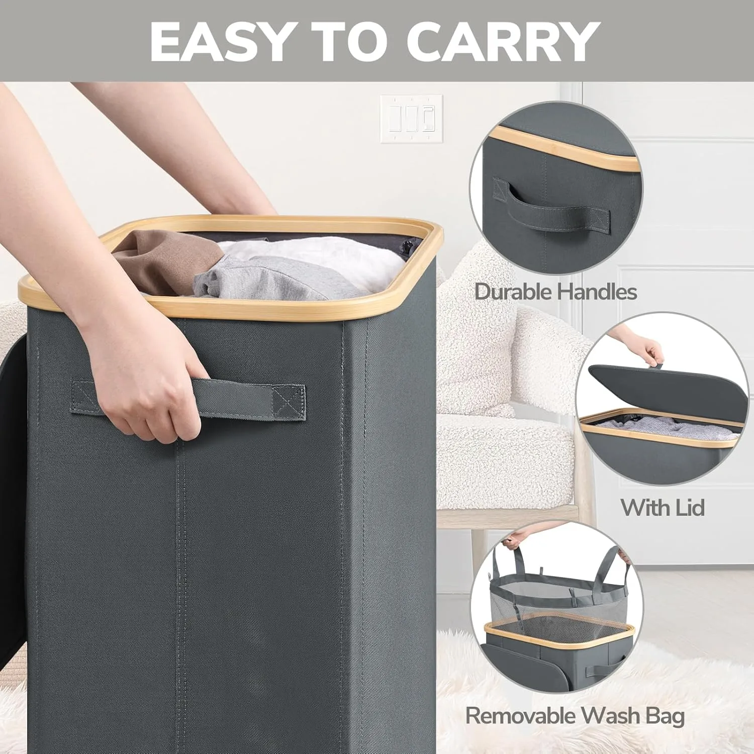 Goodpick Laundry Basket with Wheels, Large Rolling Laundry Hamper Slim Clothes Hampers with Removable Wash Bag Collapsible Dirty Clothes Basket with Lid, 100L, Gray