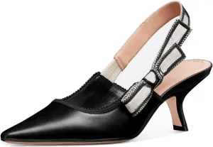 Goolita Pointed Closed Toe Embroidered Slingback Heels for Women, Bow Kitten Heels Mesh Pumps Backless Party Bridal Shoes for Wedding