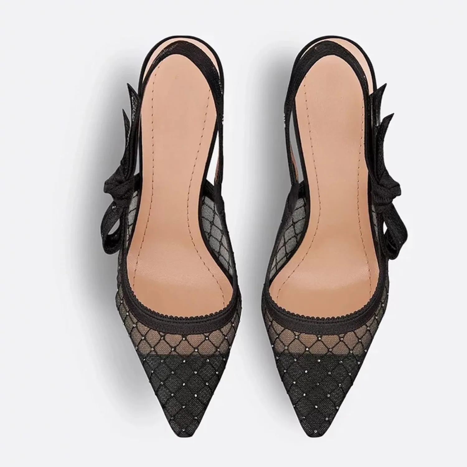 Goolita Pointed Closed Toe Pearl Slingback Heels for Women, Mesh Bow Evening Pump Stiletto High Heels Backless Party Bridal Shoes for Wedding