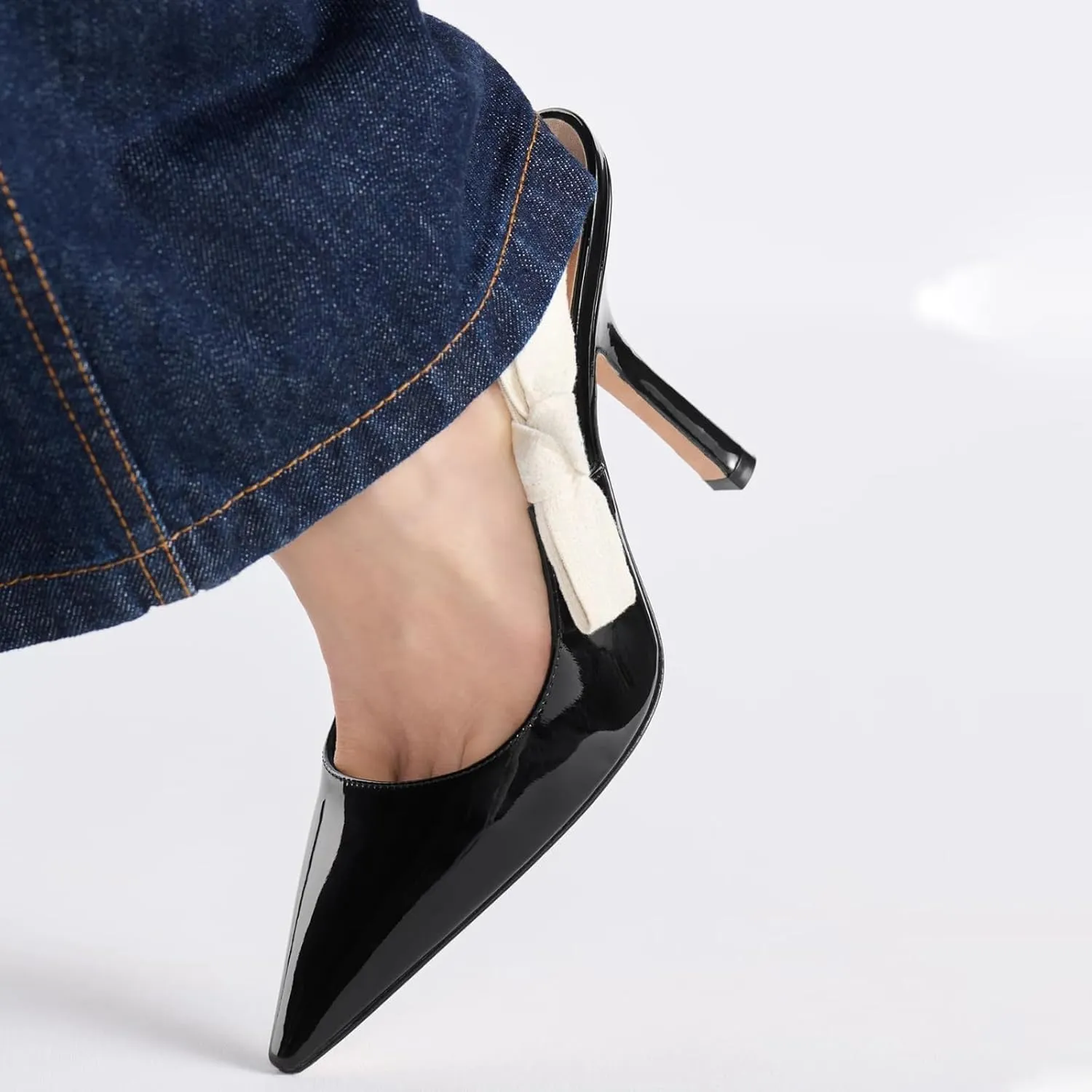 Goolita Pointed Closed Toe Pearl Slingback Heels for Women, Mesh Bow Evening Pump Stiletto High Heels Backless Party Bridal Shoes for Wedding