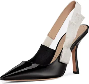 Goolita Pointed Closed Toe Pearl Slingback Heels for Women, Mesh Bow Evening Pump Stiletto High Heels Backless Party Bridal Shoes for Wedding