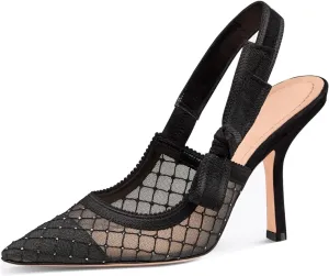 Goolita Pointed Closed Toe Pearl Slingback Heels for Women, Mesh Bow Evening Pump Stiletto High Heels Backless Party Bridal Shoes for Wedding