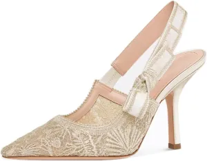 Goolita Pointed Closed Toe Pearl Slingback Heels for Women, Mesh Bow Evening Pump Stiletto High Heels Backless Party Bridal Shoes for Wedding