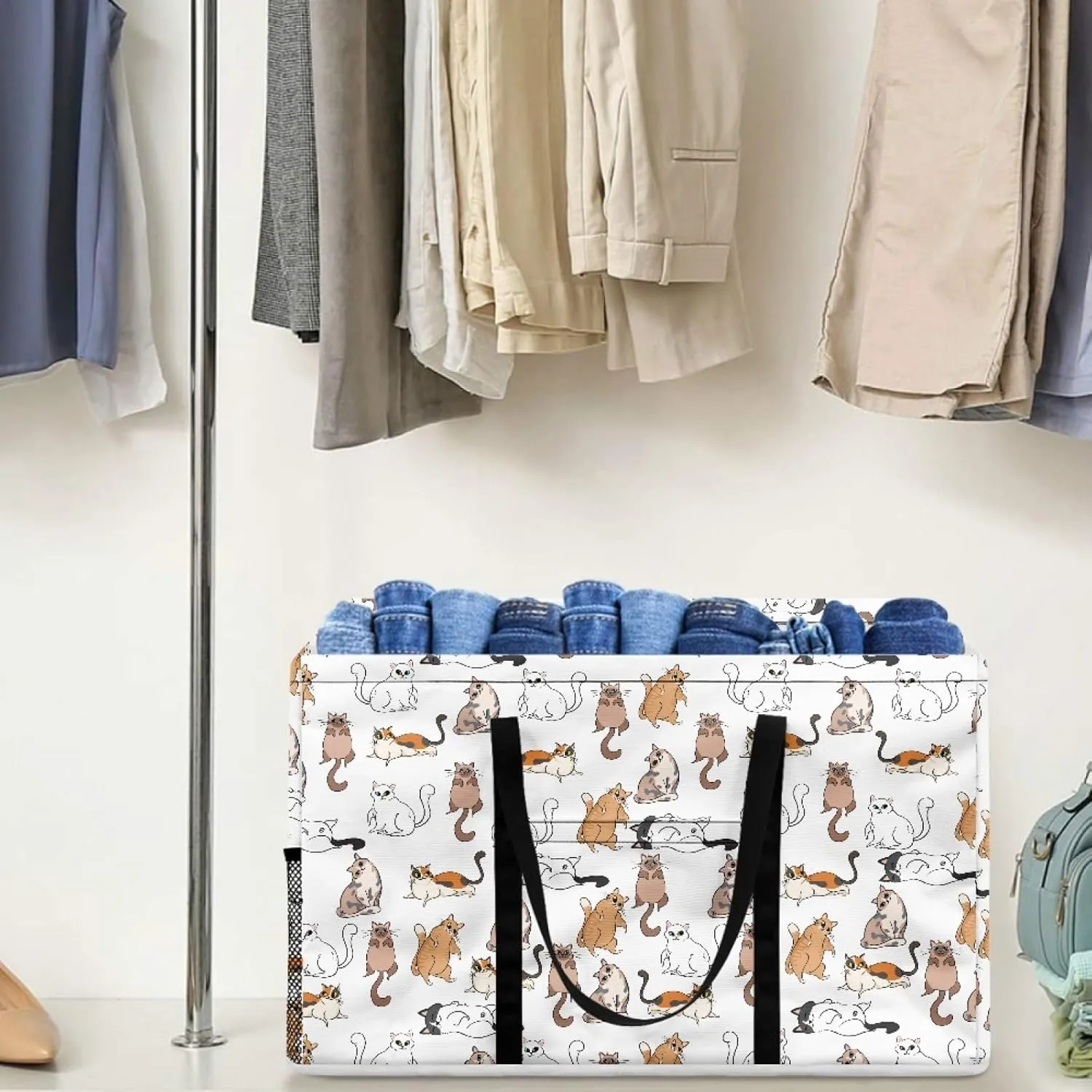 GOSTONG Cat White Puzzle Extra Large Utility Tote Bag for Women Men with a Big Pocket As Beach Bag, Pool Bag, Laundry Bag, Storage Tote