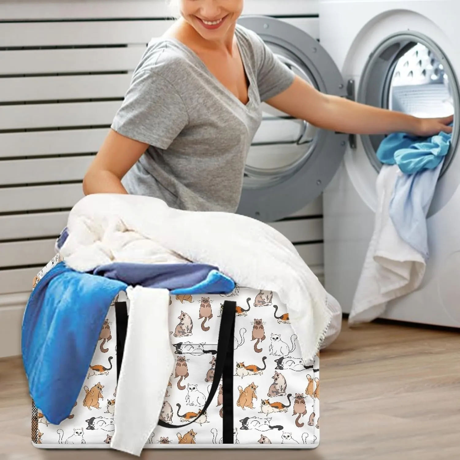 GOSTONG Cat White Puzzle Extra Large Utility Tote Bag for Women Men with a Big Pocket As Beach Bag, Pool Bag, Laundry Bag, Storage Tote