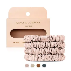 Grace & Company Silky Satin Scrunchies for Women - Premium Satin Silk Scrunchies, No-Crease Hair Ties for Curly, Thick or Fine Hair - 4pk Skinny, Oeko-Tex Certified- Peony