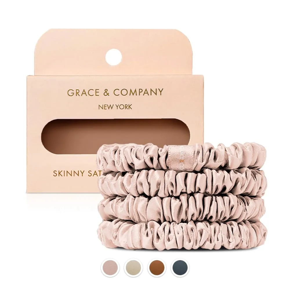 Grace & Company Silky Satin Scrunchies for Women - Premium Satin Silk Scrunchies, No-Crease Hair Ties for Curly, Thick or Fine Hair - 4pk Skinny, Oeko-Tex Certified- Peony