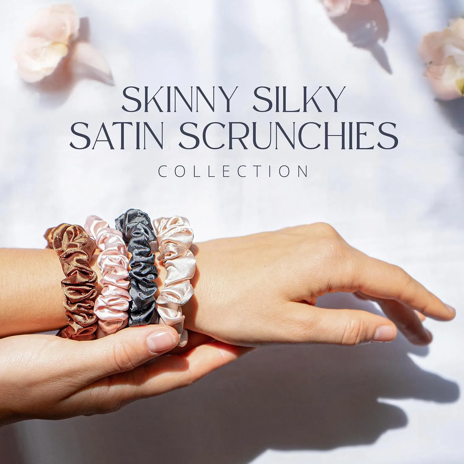 Grace & Company Silky Satin Scrunchies for Women - Premium Satin Silk Scrunchies, No-Crease Hair Ties for Curly, Thick or Fine Hair - 4pk Skinny, Oeko-Tex Certified- Peony