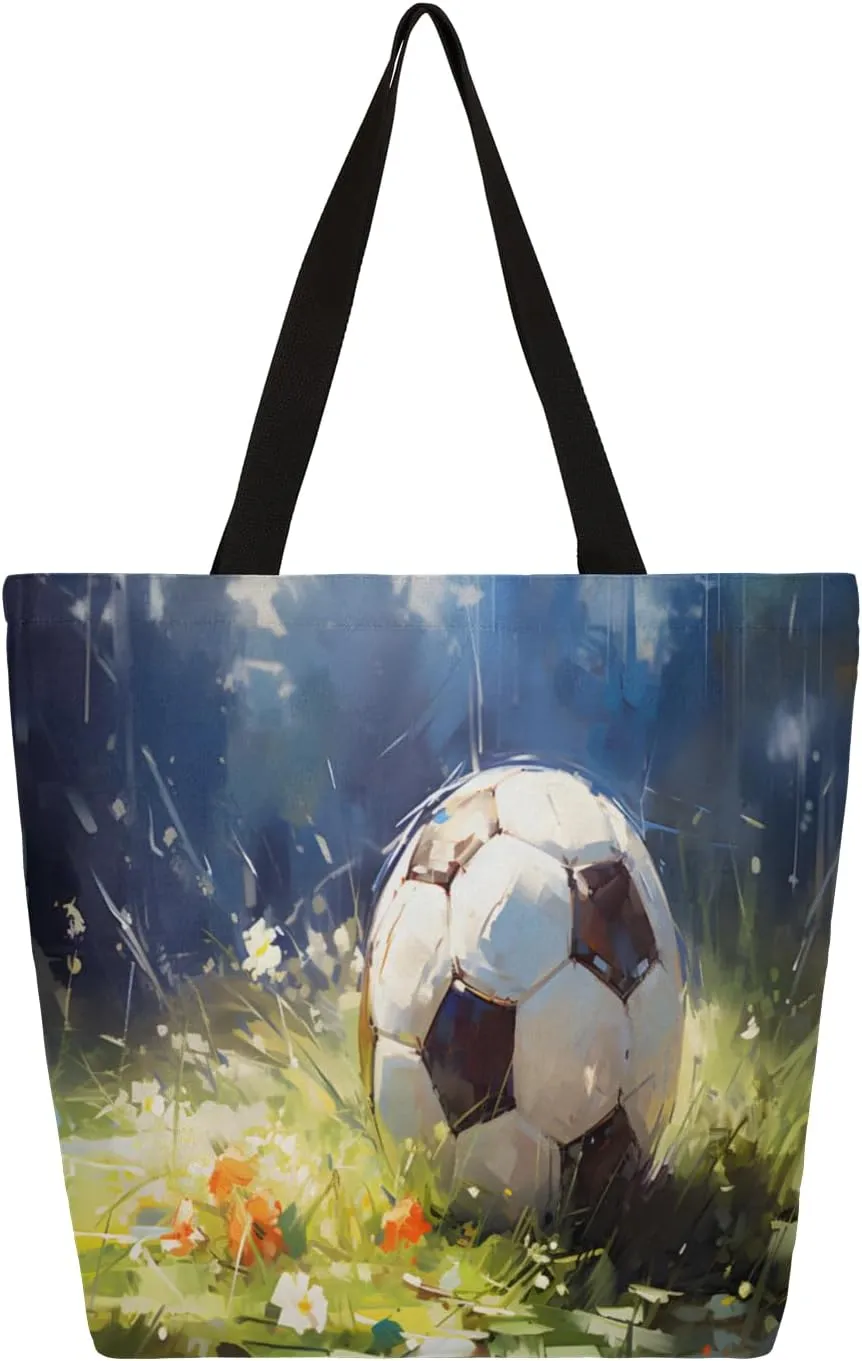 Grass Football Watercolour Large Capacity Canvas Tote Bag Stylish Handheld Shoulder Bag Reusable Shopping Bag for Work Travel Beach Trips Shopping