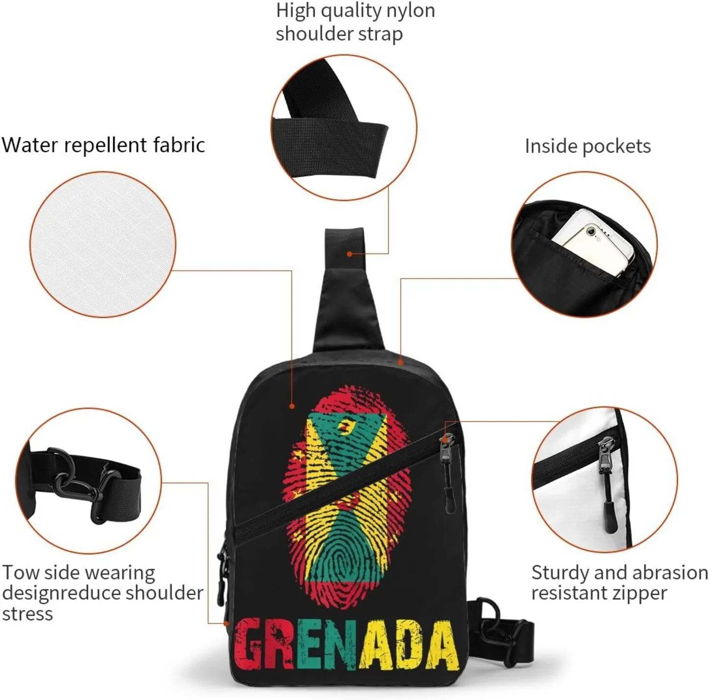 Grenada Finger Prints Flag Packable Crossbody Bag Portable Sling Bags Foldable Travel Daypack Reusable Sports Shoulder Backpack Diagonally Chest Bag for Workout