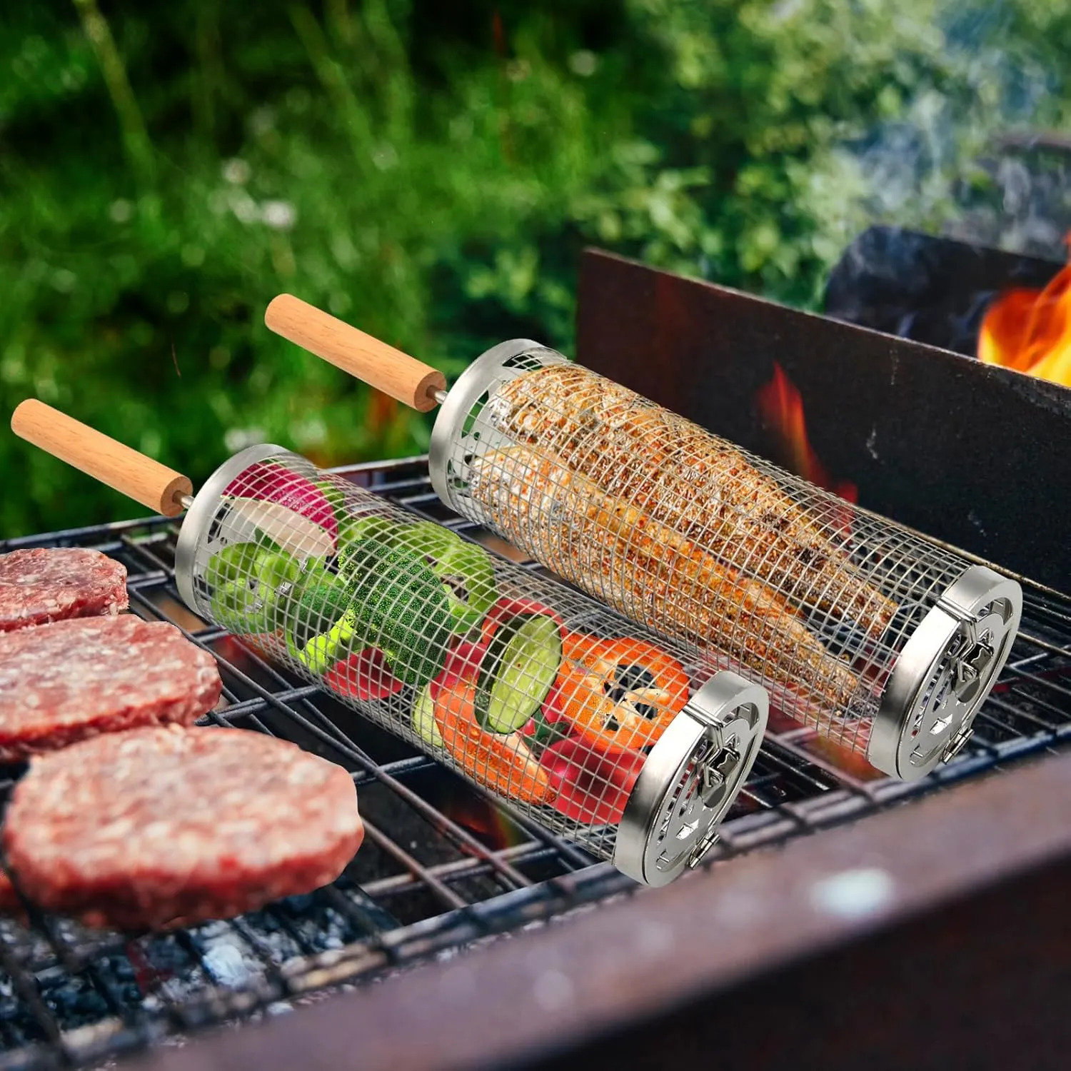 Grill Baskets For Outdoor Grill 2 Pack,Grill Basket with Hinged Locking Lid, 304 Stainless Steel,Vegetable Grill Basket,Perfect Grilling Gifts and Accessories,3.93"x12"inch