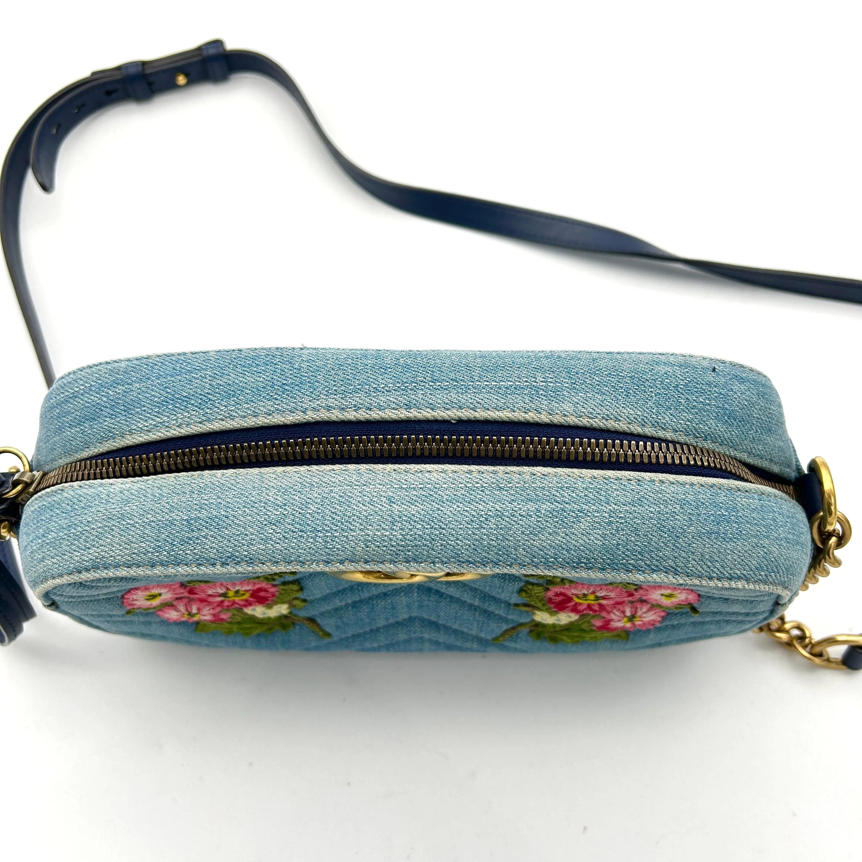 Gucci Floral GG Marmont Denim Camera Bag - Blue Crossbody Bags, Handbags LA30346