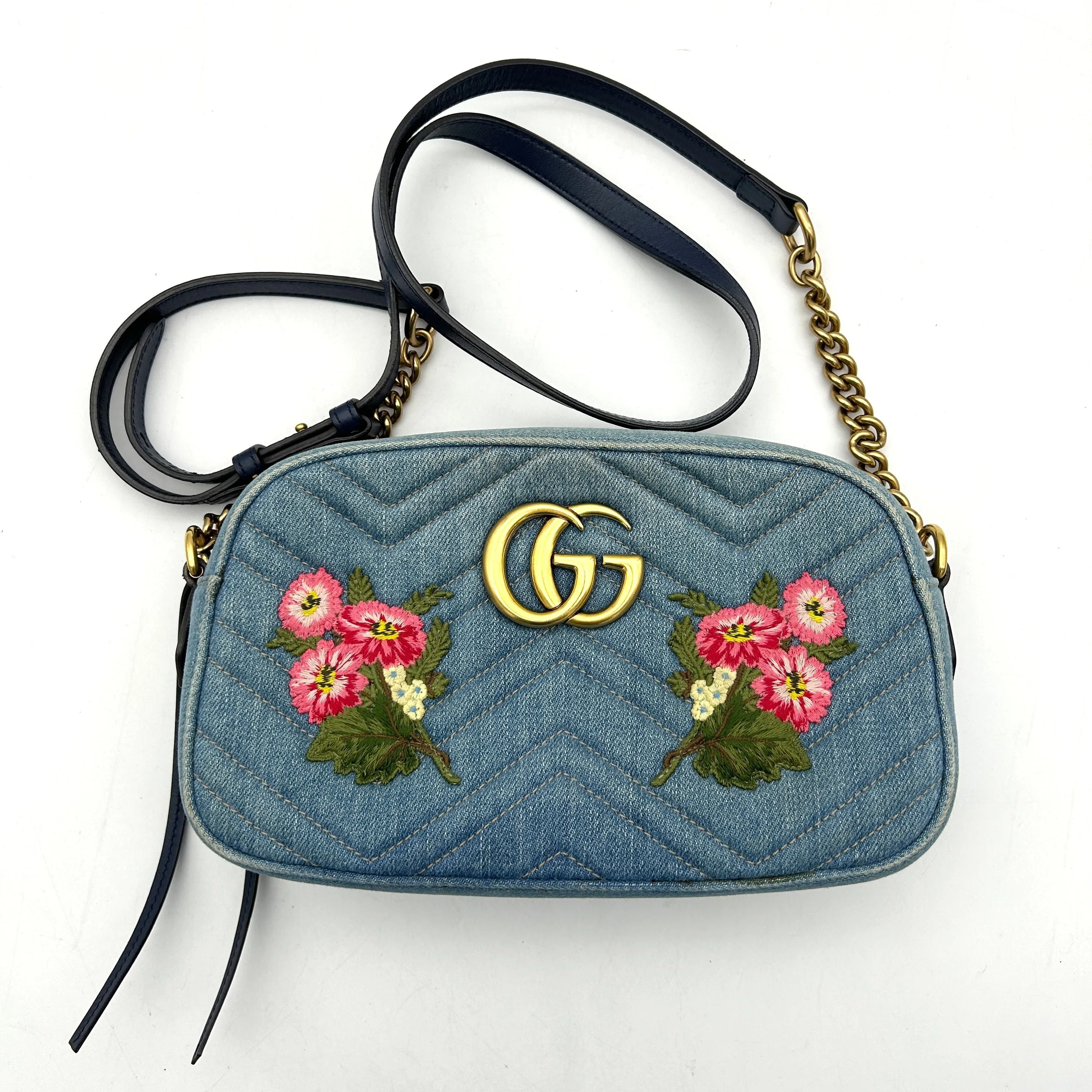 Gucci Floral GG Marmont Denim Camera Bag - Blue Crossbody Bags, Handbags LA30346