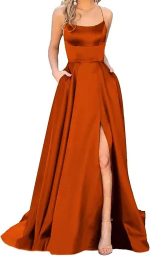 GUKARLEED Women's Satin Prom Dresses Long Formal Dress Evening Party Spaghetti Straps Backless Slit Ball Gown with Pockets