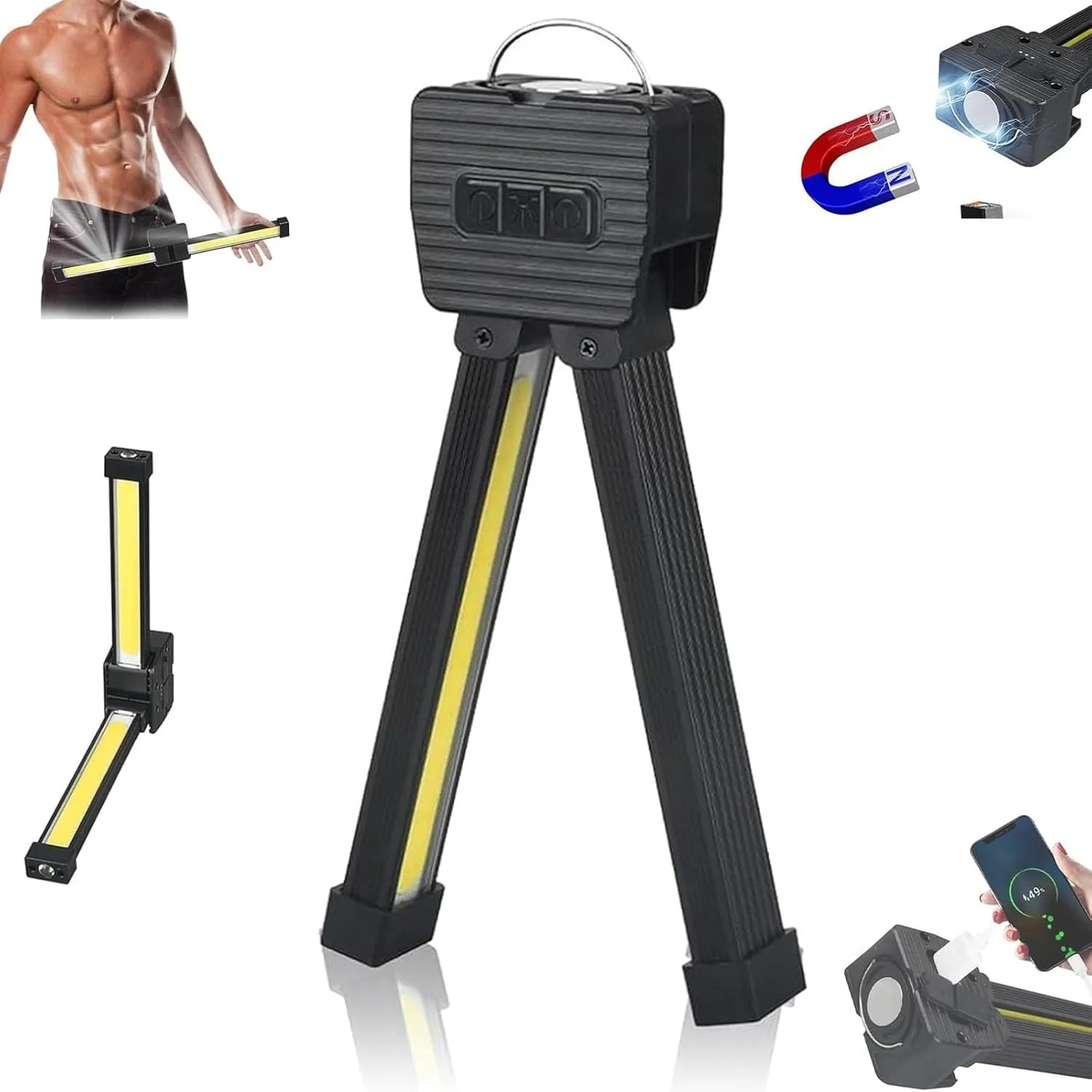 Gym Lamp for Posing, 7th Gear Dimming, Portable Magnet LED Flashlight with Hanging Hook, Magnetic Work Light with 180 Degree Folding, USB Rechargeable Worklight, Posing Lamp