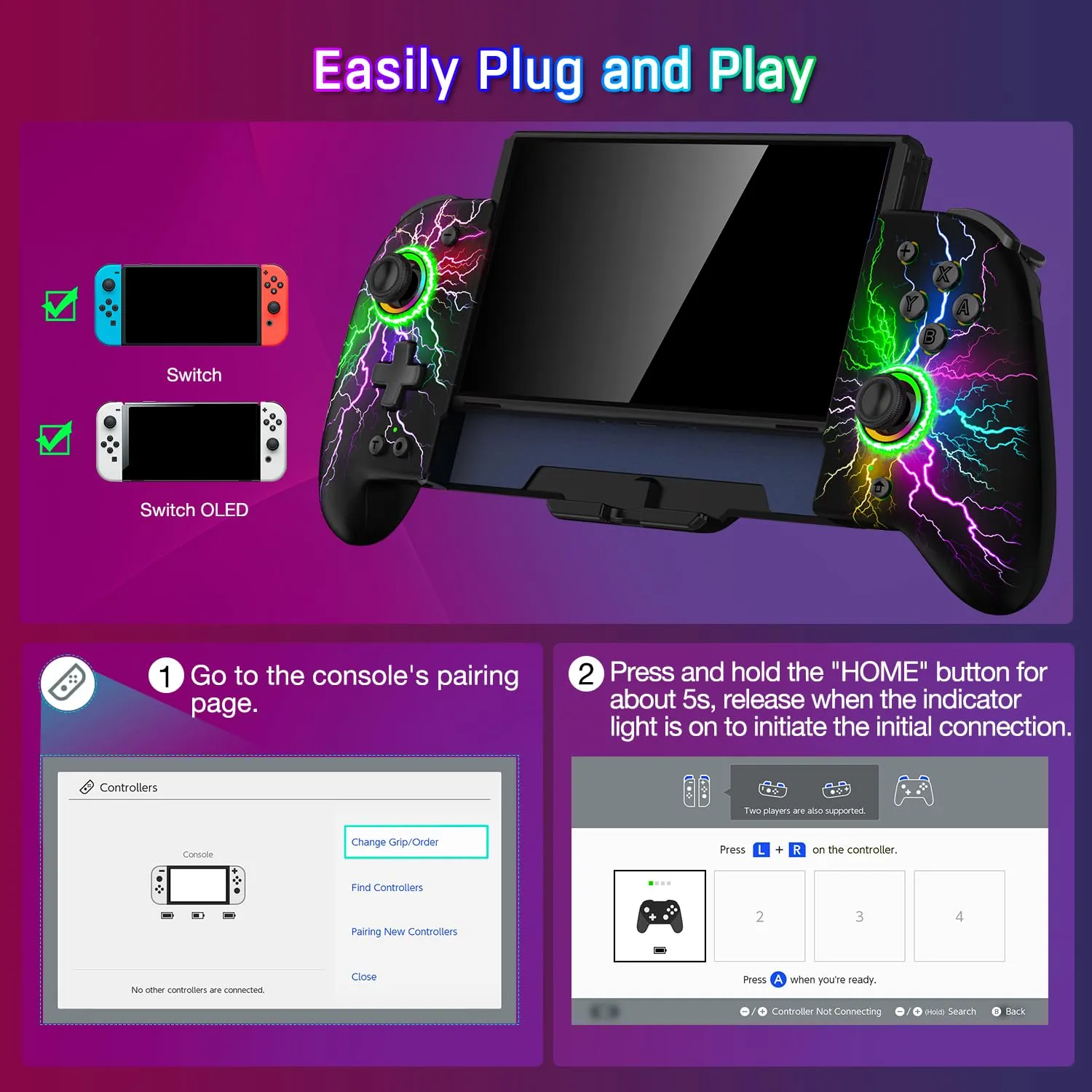 Hall Effect Joystick Switch-Controller for Nintendo Switch/OLED,One-Piece-Joypad Replacement for Wireless Switch Controller with 9 Color Lights - Lightning Pattern