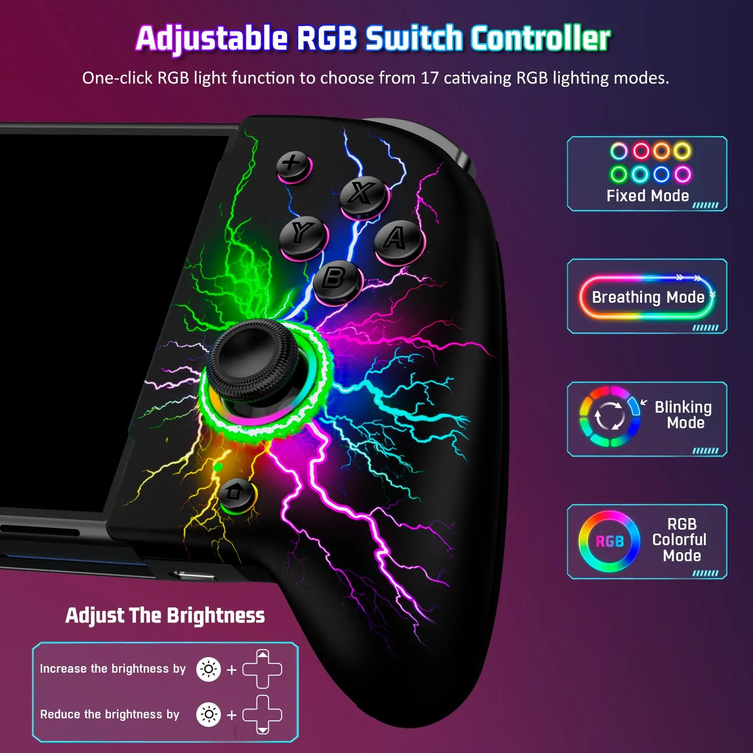Hall Effect Joystick Switch-Controller for Nintendo Switch/OLED,One-Piece-Joypad Replacement for Wireless Switch Controller with 9 Color Lights - Lightning Pattern