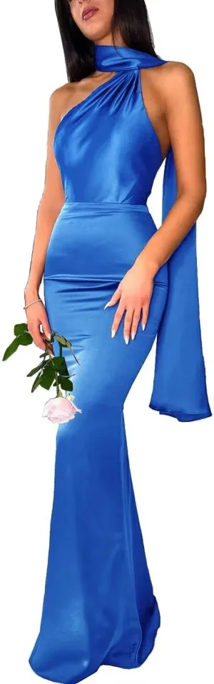 Halter Mermaid Bridesmaid Dresses for Wedding Long Satin Pleated High Waist Bodycon Prom Formal Evening Party Gowns