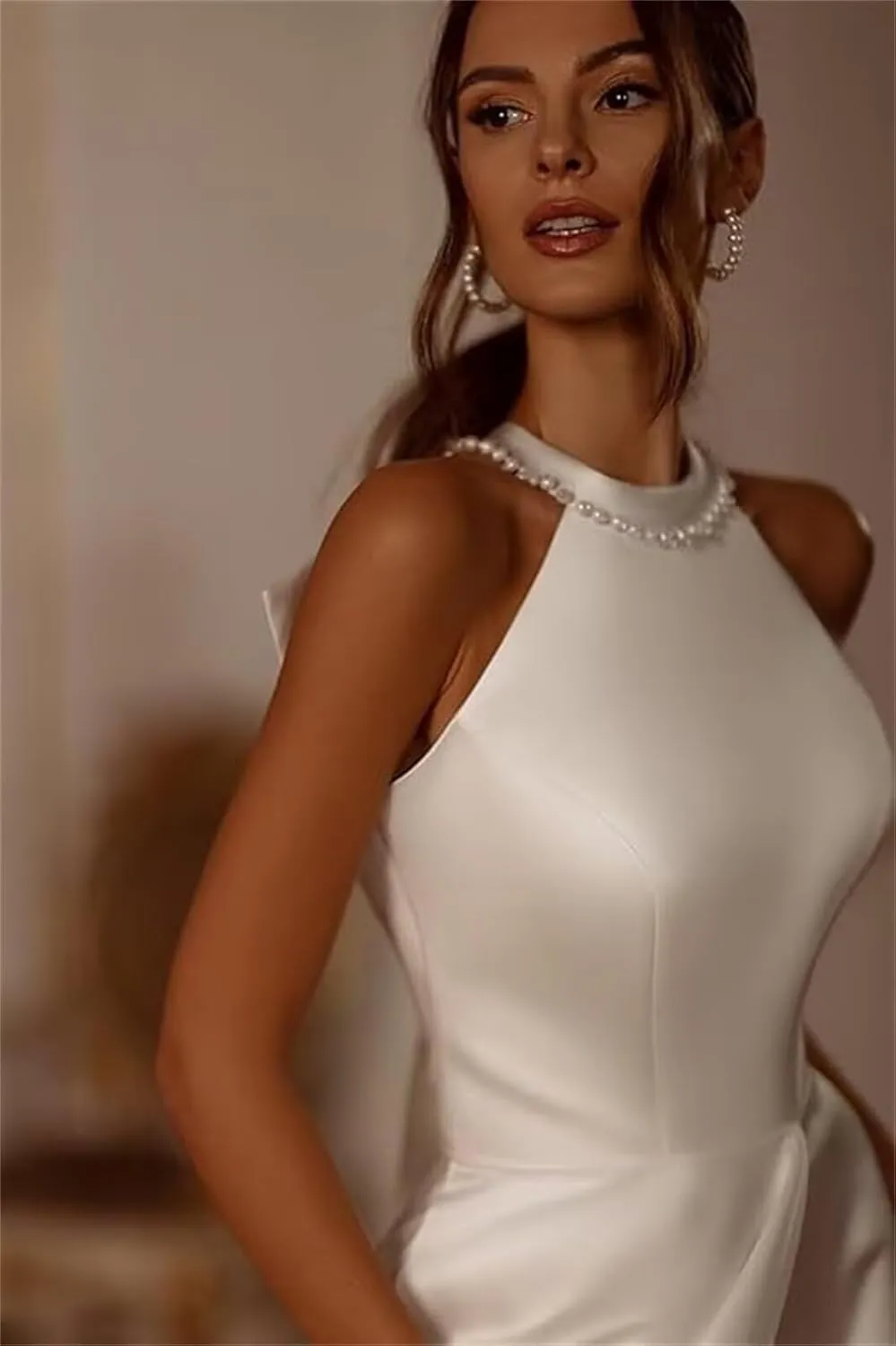 Halter Neck A Line Wedding Dresses for Women with Slit Satin Long Bridal Shower Dress Wedding Dress with Bow