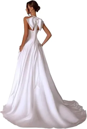 Halter Neck A Line Wedding Dresses for Women with Slit Satin Long Bridal Shower Dress Wedding Dress with Bow