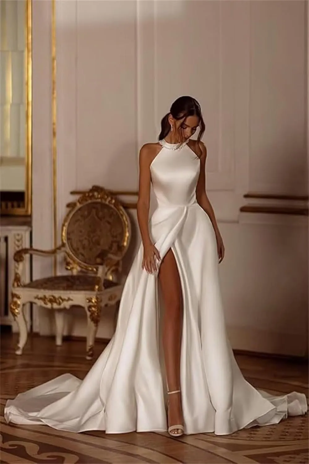 Halter Neck A Line Wedding Dresses for Women with Slit Satin Long Bridal Shower Dress Wedding Dress with Bow