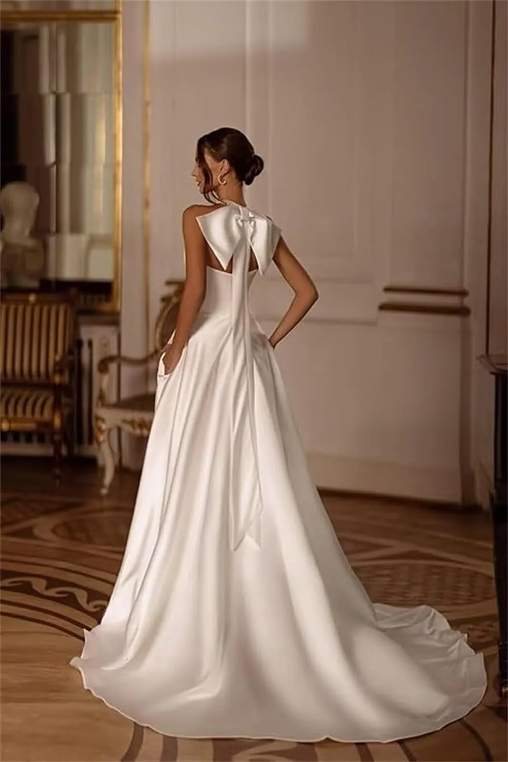 Halter Neck A Line Wedding Dresses for Women with Slit Satin Long Bridal Shower Dress Wedding Dress with Bow