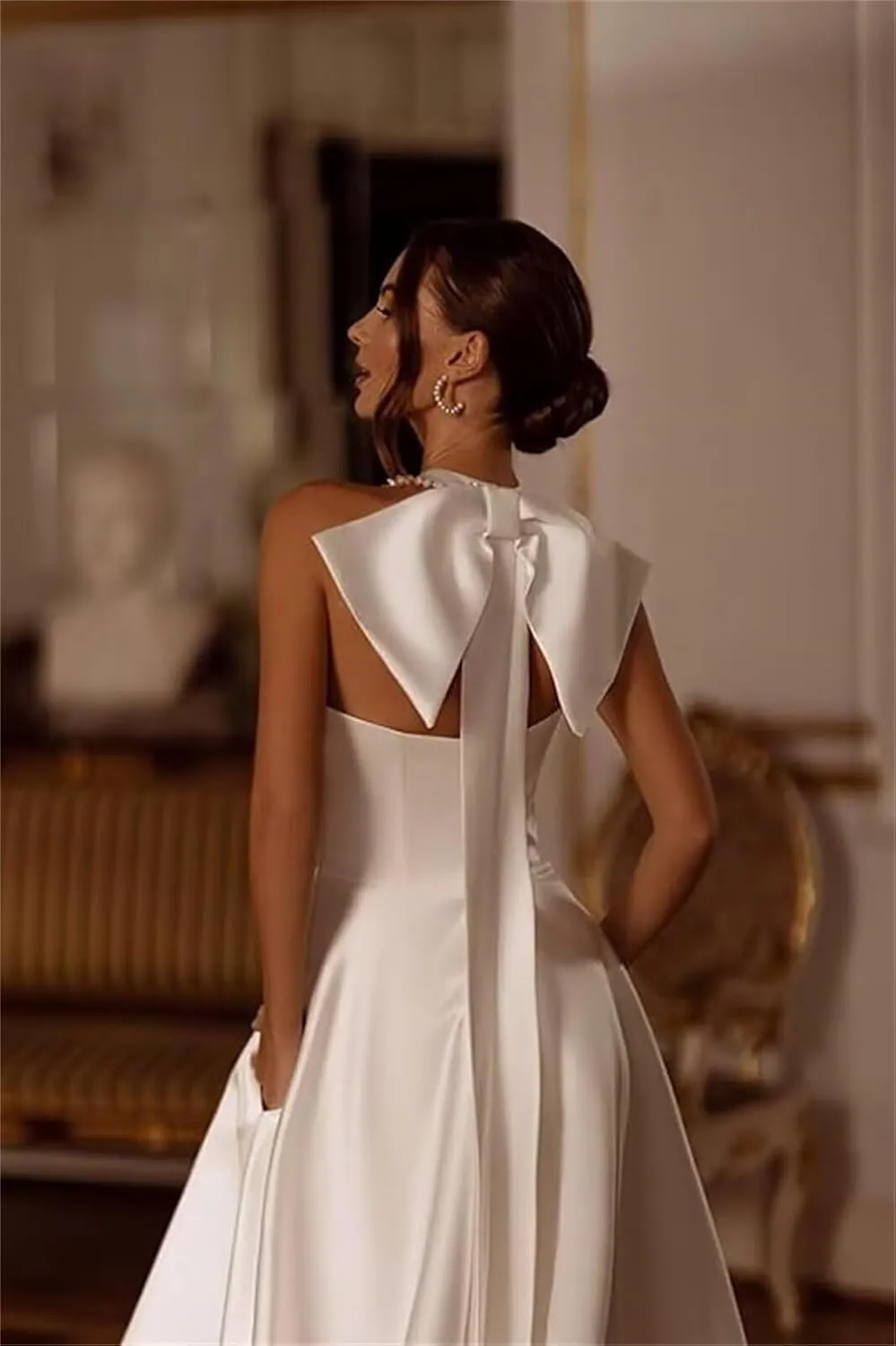 Halter Neck A Line Wedding Dresses for Women with Slit Satin Long Bridal Shower Dress Wedding Dress with Bow