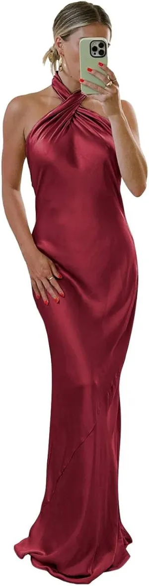 Halter Satin Bridesmaid Dresses for Women Long Bodycon Prom Dress Ruched Evening Formal Gowns