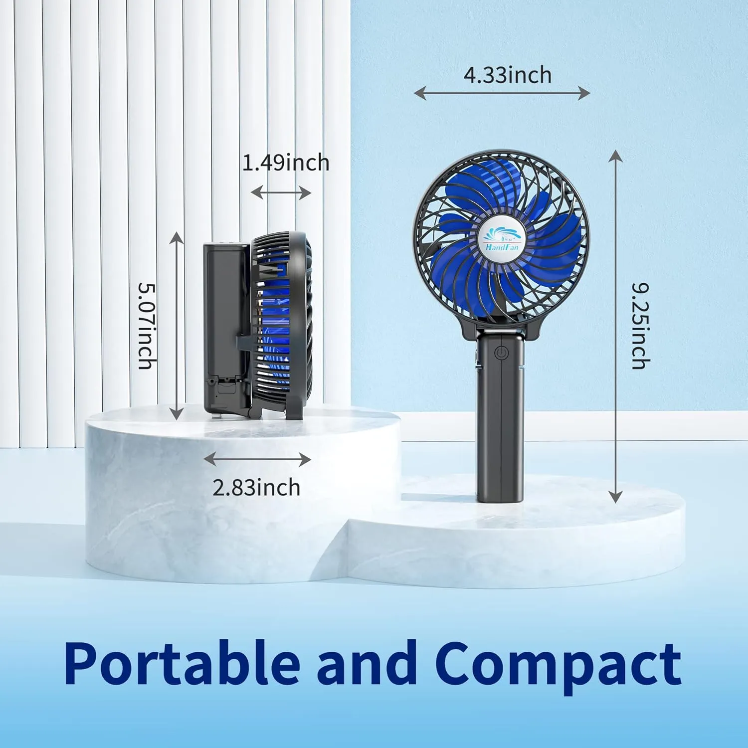 HandFan Portable Handheld Fan, Mini Personal Fan, Battery Operated Cooling Rechargeable, 180° Foldable Small Hand Fan, USB Powered, for Home, Office, Outdoor, Hiking, Travel, Stroller(Black&Blue)