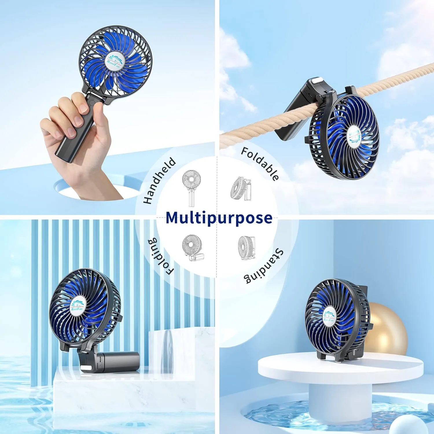 HandFan Portable Handheld Fan, Mini Personal Fan, Battery Operated Cooling Rechargeable, 180° Foldable Small Hand Fan, USB Powered, for Home, Office, Outdoor, Hiking, Travel, Stroller(Black&Blue)