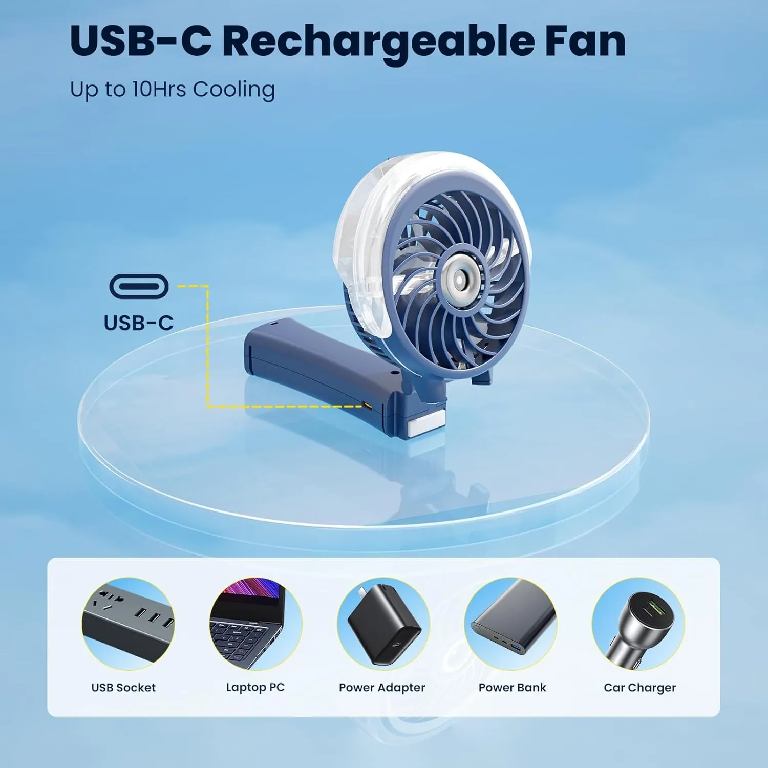HandFan Upgraded Portable Handheld Misting Fan, Rechargeable Personal Mister Fan, Battery Operated Spray Water Mist Fans, Foldable Mini Cooling Hand Fans for Beach Travel Outdoors(Royal Blue)