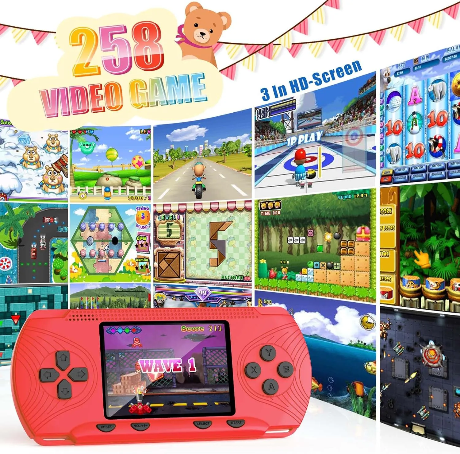 Handheld Games for Kids, Handheld Game Console Built-in 258 Video Games, 3" HD Screen, Portable Video Game Console, Christmas Gaming Console, for Kids, Electronic Toys Ages 4-12