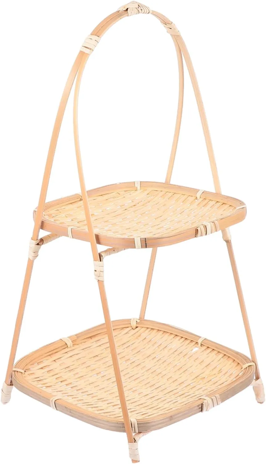 Handmade Bamboo Rattan Platter Woven Storage Container Double-deck Fruit Stand Snack Basket Steamed Bread Holder Simple Plain Design