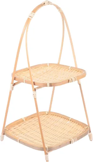 Handmade Bamboo Rattan Platter Woven Storage Container Double-deck Fruit Stand Snack Basket Steamed Bread Holder Simple Plain Design