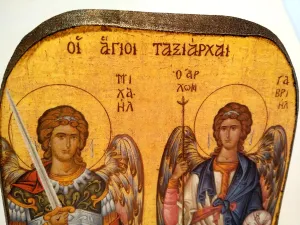 Handmade Wooden Greek Christian Orthodox Mount Athos Icon of Archangels Michael and Gabriel /Mp2 Brown