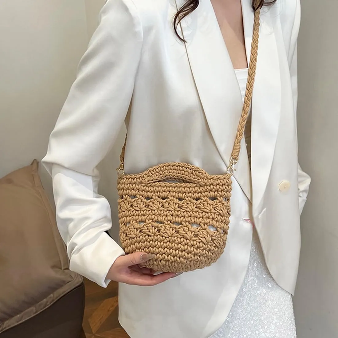 Handwoven Crossbody Handbag Summer Beach Bucket bag Cotton Crochet Shoulder Bag Basket Purse for Women