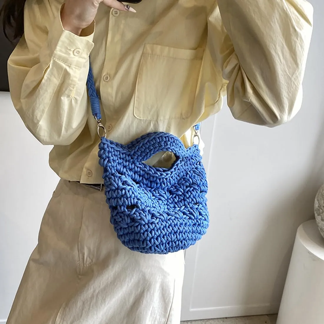 Handwoven Crossbody Handbag Summer Beach Bucket bag Cotton Crochet Shoulder Bag Basket Purse for Women