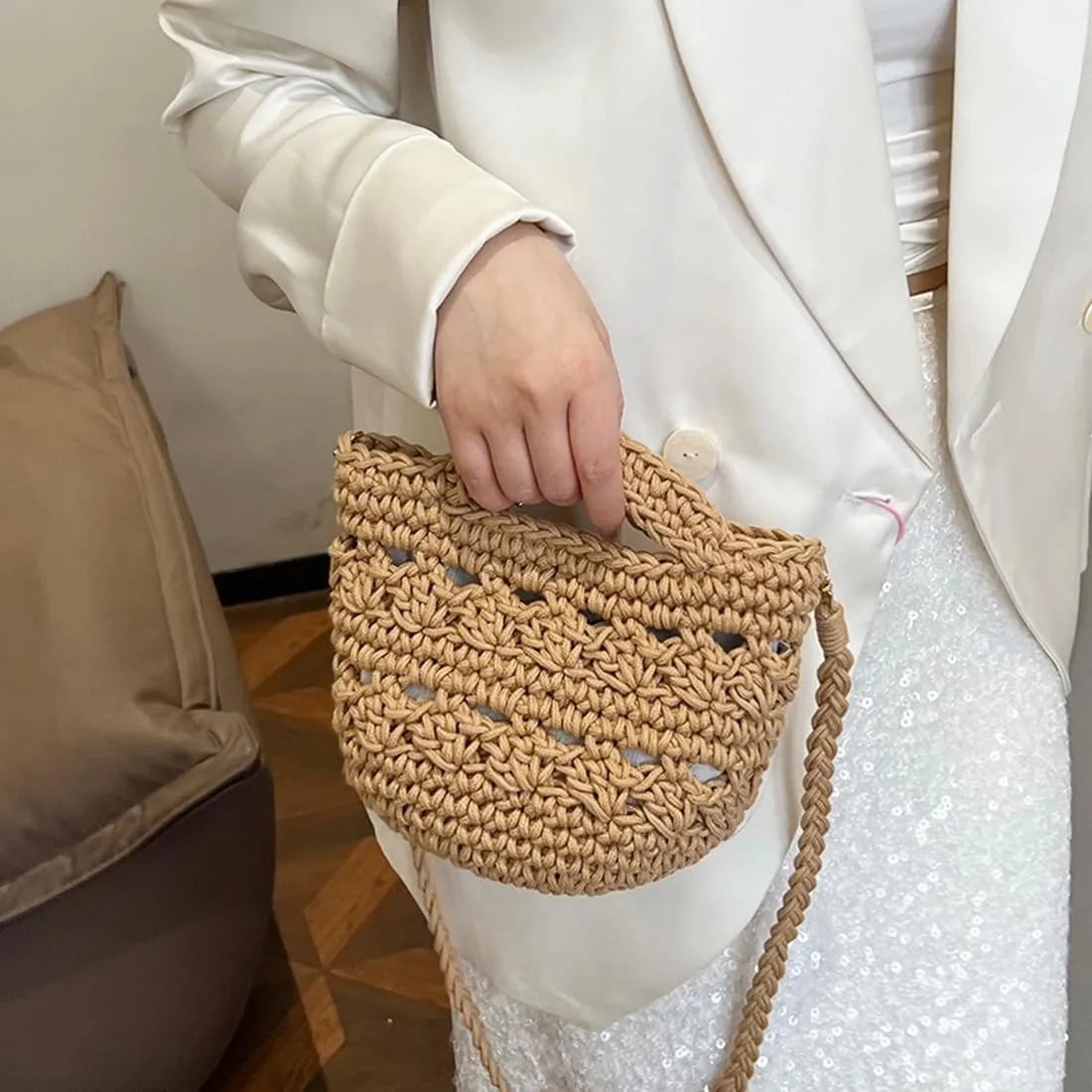 Handwoven Crossbody Handbag Summer Beach Bucket bag Cotton Crochet Shoulder Bag Basket Purse for Women