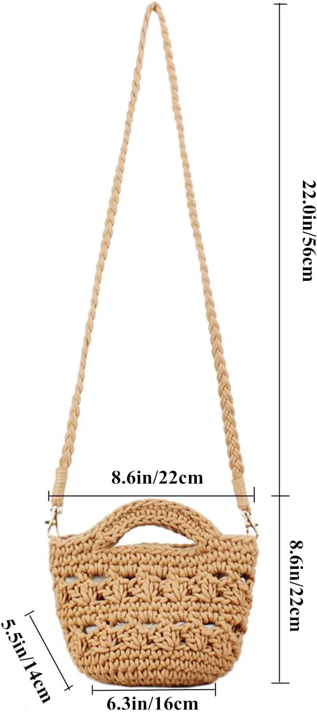 Handwoven Crossbody Handbag Summer Beach Bucket bag Cotton Crochet Shoulder Bag Basket Purse for Women