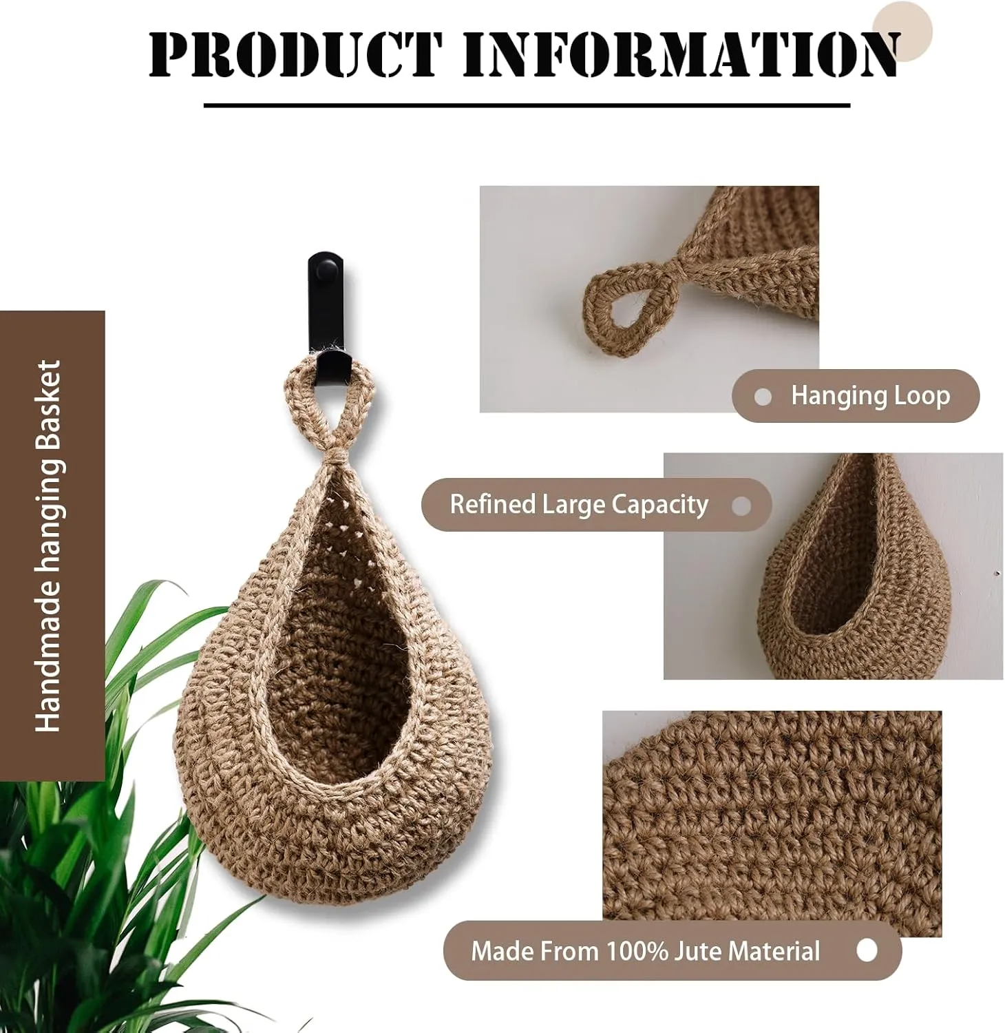 Hanging Fruit Basket Set of 3, Boho Wall Hanging Storage Jute Basket for Organizing & Decor, Handmade Teardrop Hammock Holder for Onion Fruit Vegetable in Home & Restaurant Kitchen with Hooks