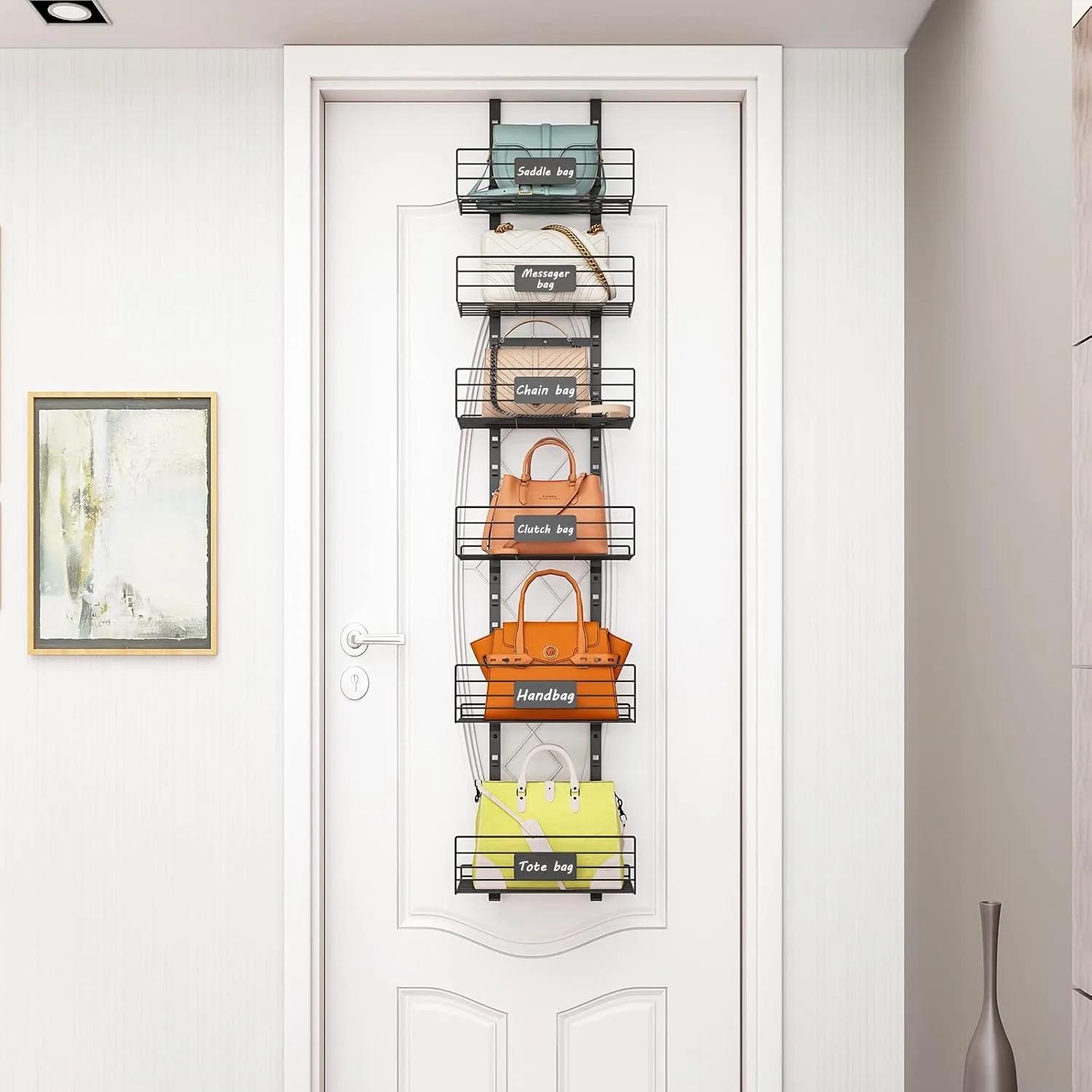 Hanging Purse Handbag Organizer Rack with Name Plate, Over The Door Detachable Bag Storage Rack - Can Use As 1/2 Part, Wall Mounted Adjustable Bag Rack with Stickers & Tapes