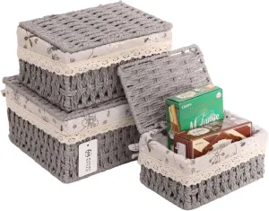 HANMYSTYLE Storage basket with lid hand-woven baskets with cotton lining metal frame children's room storage picnic basket snacks sundries toiletries toys 3-piece set (Grey-Kapok)