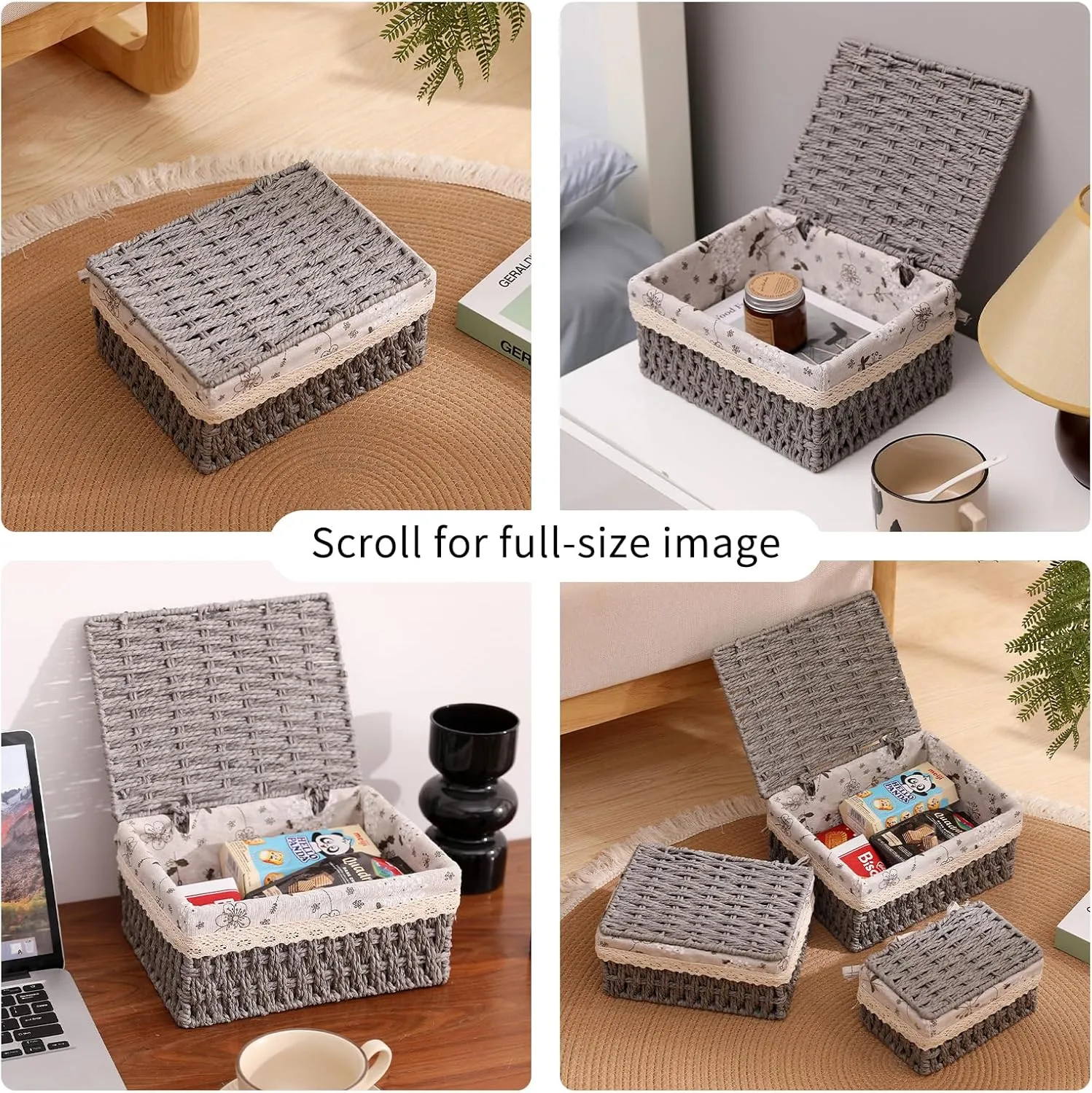 HANMYSTYLE Storage basket with lid hand-woven baskets with cotton lining metal frame children's room storage picnic basket snacks sundries toiletries toys 3-piece set (Grey-Kapok)
