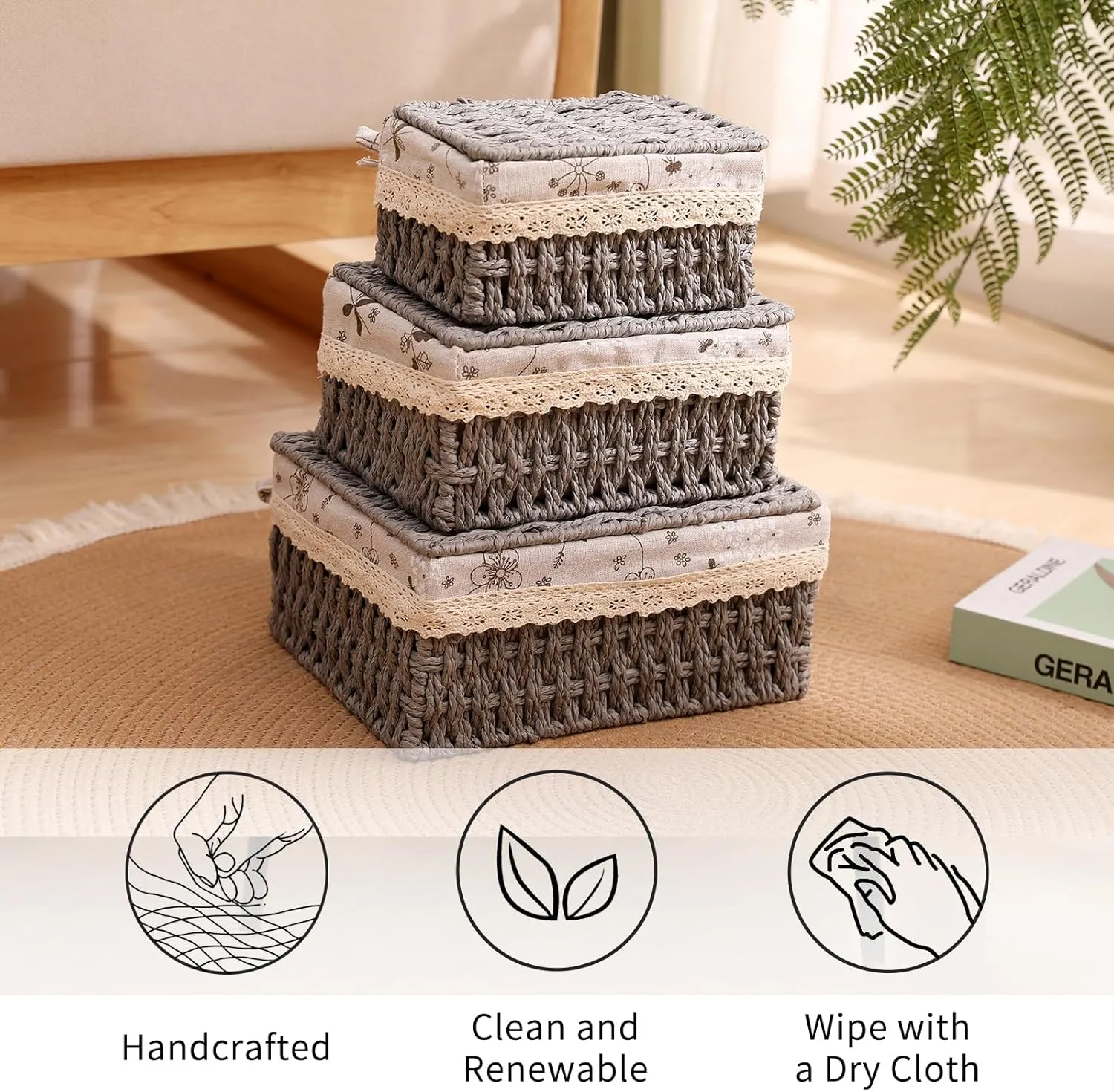 HANMYSTYLE Storage basket with lid hand-woven baskets with cotton lining metal frame children's room storage picnic basket snacks sundries toiletries toys 3-piece set (Grey-Kapok)