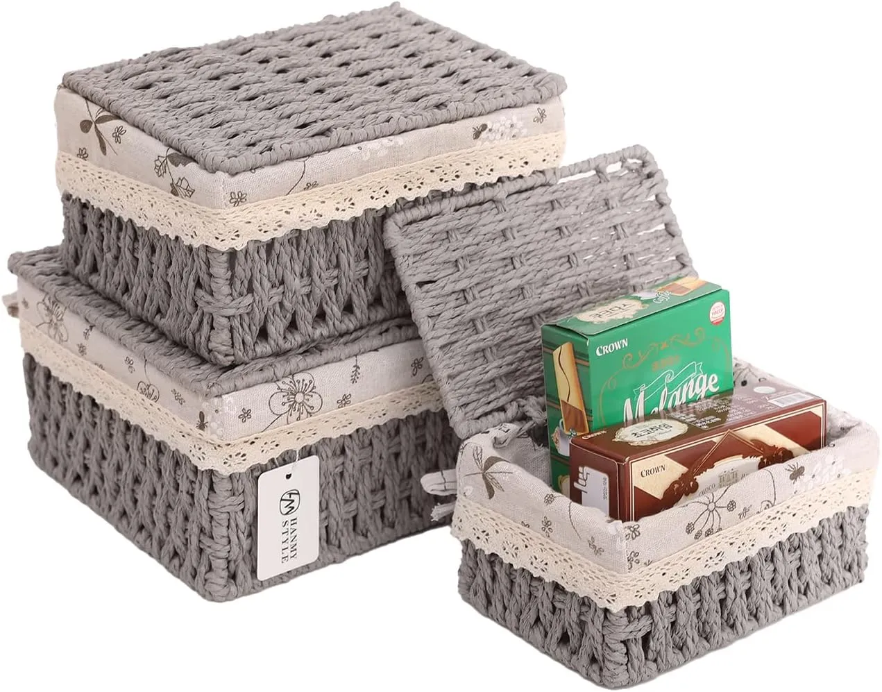 HANMYSTYLE Storage basket with lid hand-woven baskets with cotton lining metal frame children's room storage picnic basket snacks sundries toiletries toys 3-piece set (Grey-Kapok)