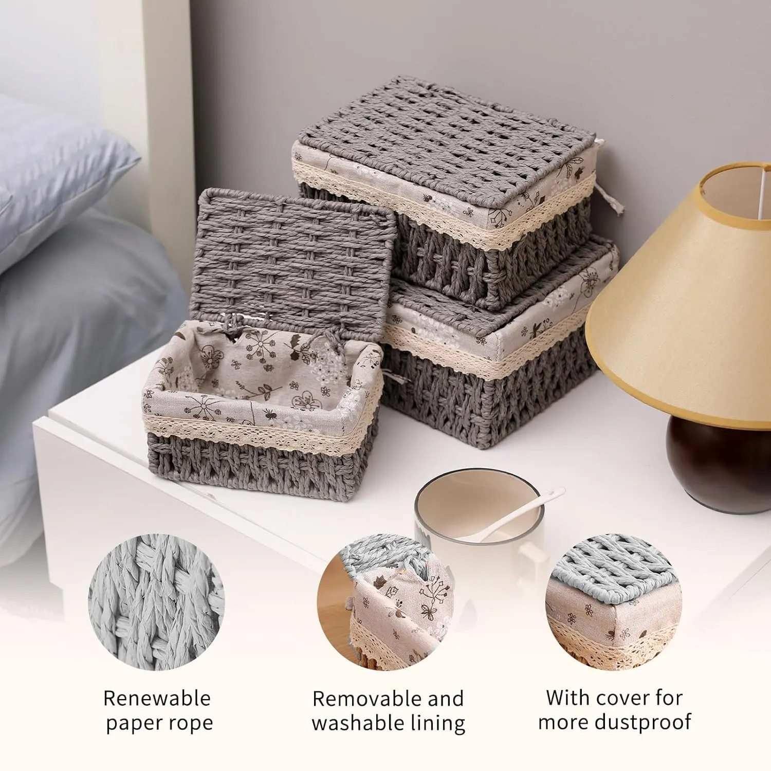 HANMYSTYLE Storage basket with lid hand-woven baskets with cotton lining metal frame children's room storage picnic basket snacks sundries toiletries toys 3-piece set (Grey-Kapok)